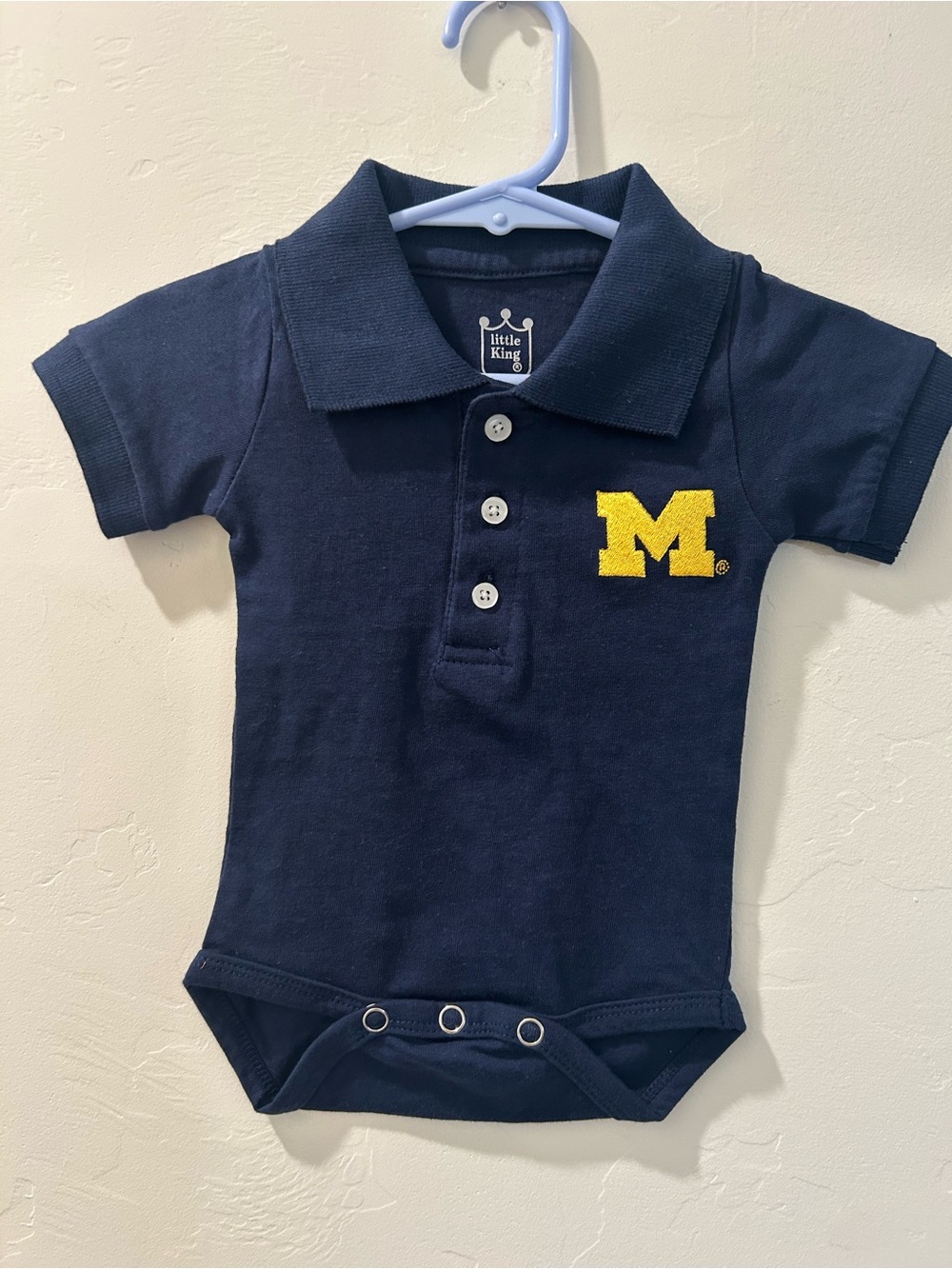 Little King Navy Polo Bodysuit with Yellow Michigan Patch- NWOT- 6 months